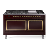 ILVE UN60FQNMPBUGLP Nostalgie II Noblesse 60 inch Dual Fuel Range (9 Sealed Burners + Griddle, Liquid Propane, Solid Door, Burgundy, Brass)