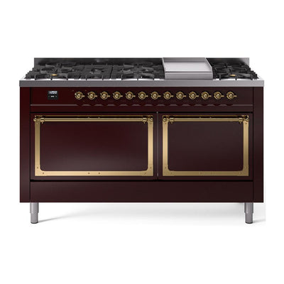 ILVE UN60FQNMPBUGLP Nostalgie II Noblesse 60 inch Dual Fuel Range (9 Sealed Burners + Griddle, Liquid Propane, Solid Door, Burgundy, Brass)
