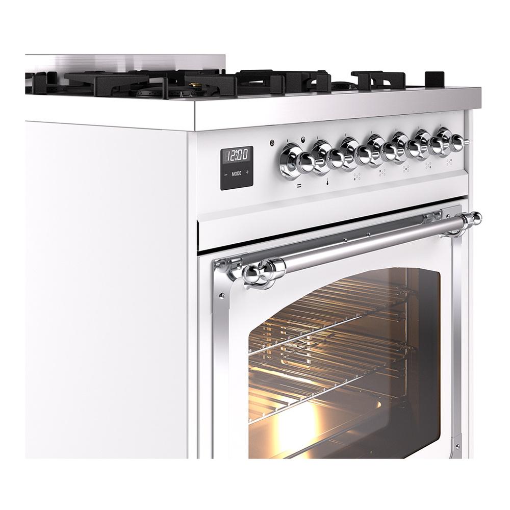 ILVE UN30NMPWHC Nostalgie II Noblesse 30 inch Dual Fuel Range (Natural Gas, Triple Glass Door, White, Chrome)