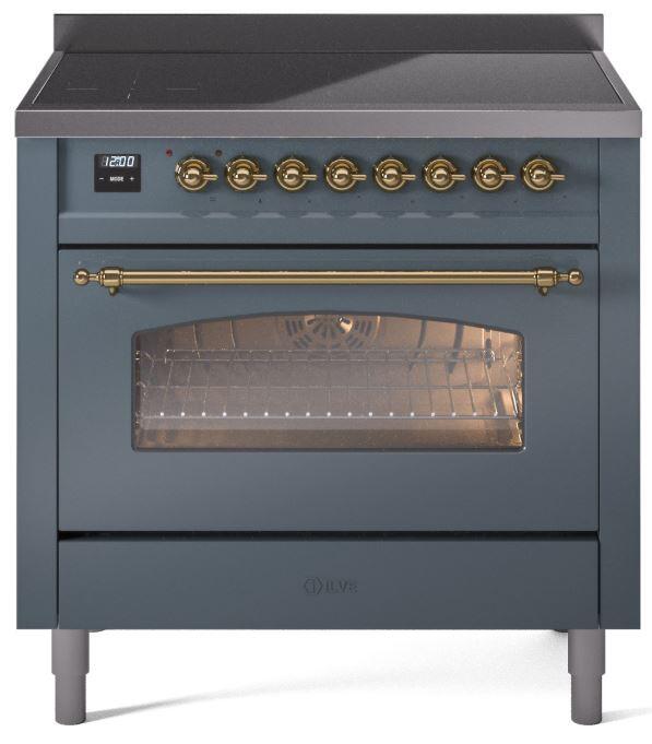 Nostalgie II 36 Inch Electric Freestanding Range in Blue Grey with Brass Trim
