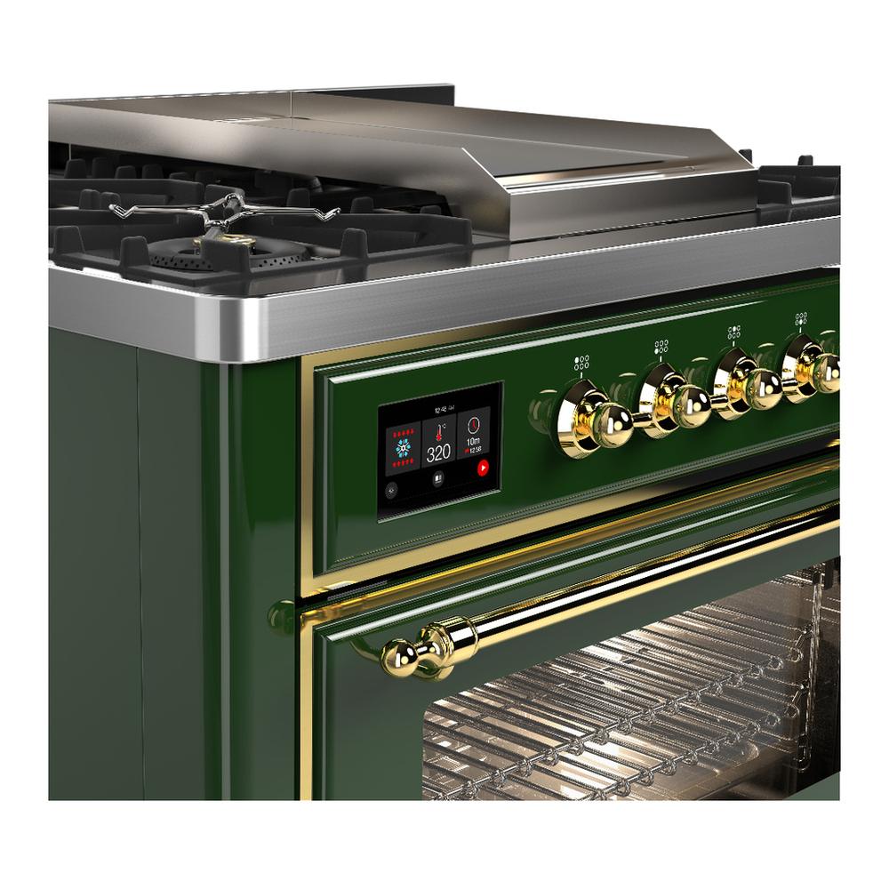ILVE UM36FNR3EGGLP Majestic III 36 inch Dual Fuel Range with 6 Black Brass Burners and Griddle, Dual Function Burner up to 25,000 BTU (Triple Glass Door, Emerald Green, Brass, Liquid Propane)