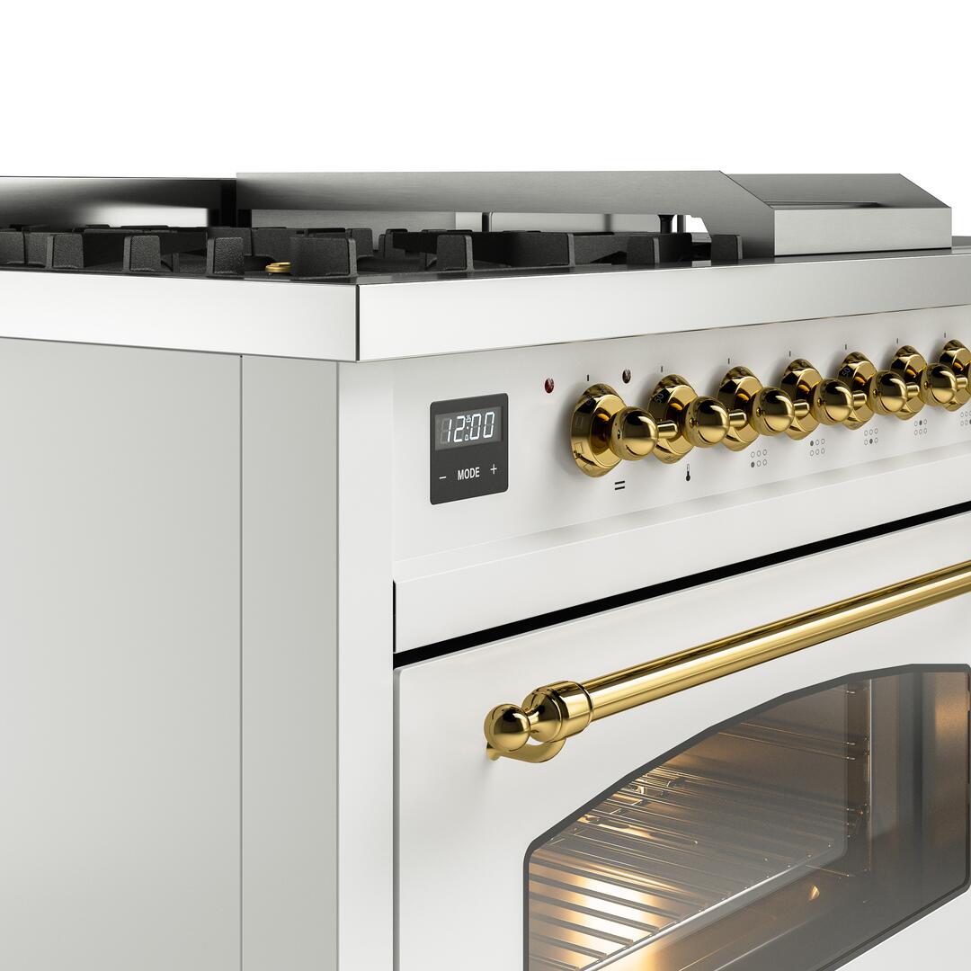 Nostalgie II 48 Inch Dual Fuel Natural Gas Freestanding Range in White with Brass Trim
