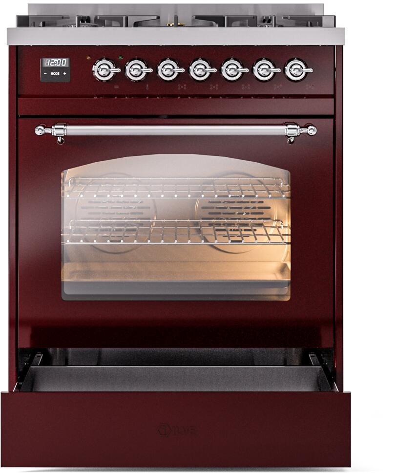 Nostalgie II 30 Inch Dual Fuel Liquid Propane Freestanding Range in Burgundy with Chrome Trim