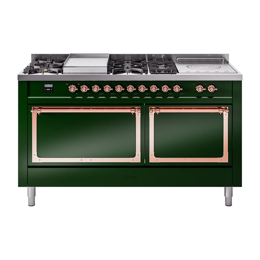 ILVE UN60FSQNMPEGP Nostalgie II Noblesse 60 inch Dual Fuel Range (7 Sealed Burners + Griddle + French Top, Natural Gas, Solid Door, Emerald Green, Copper)