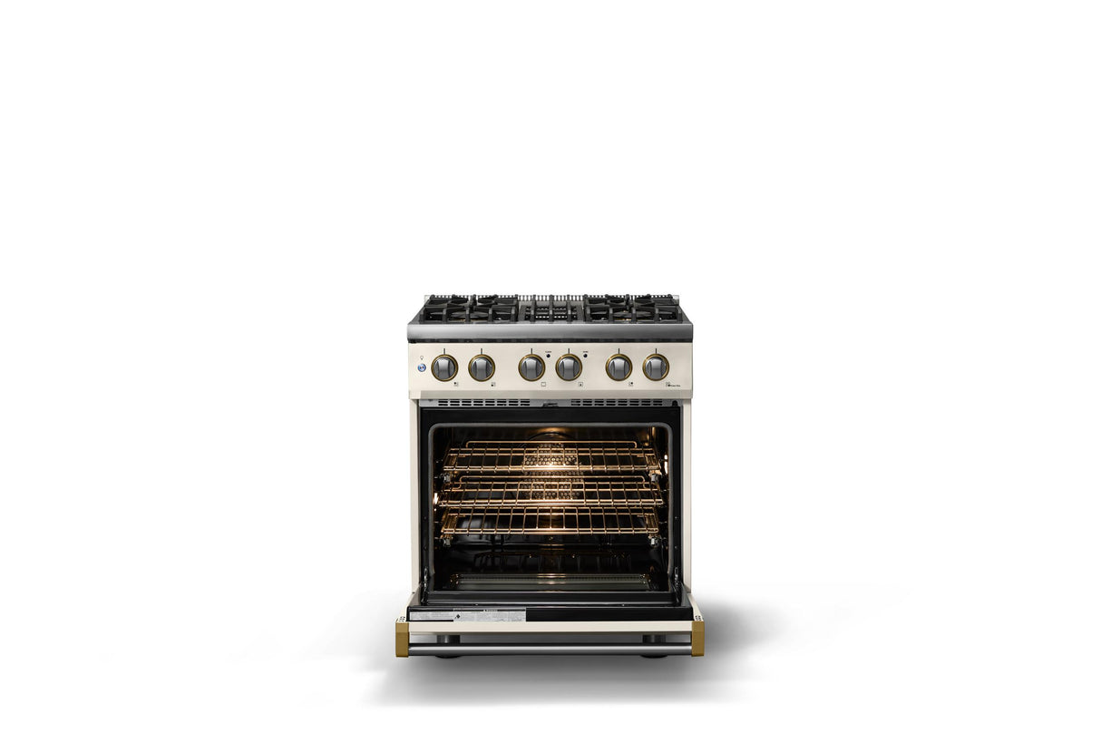 30"W. Dual Fuel Range (Finish: Pure White, Trim: Brushed Brass, Fuel: Natural Gas)