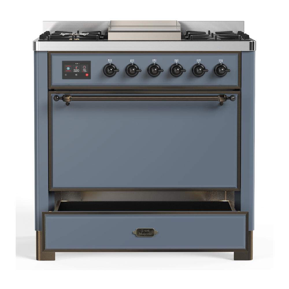 ILVE UM36FQNR3BGBLP Majestic III 36 inch Dual Fuel Range with 6 Black Brass Burners and Griddle, Dual Function Burner up to 25,000 BTU (Solid Door, Blue Grey, Burnished, Liquid Propane)
