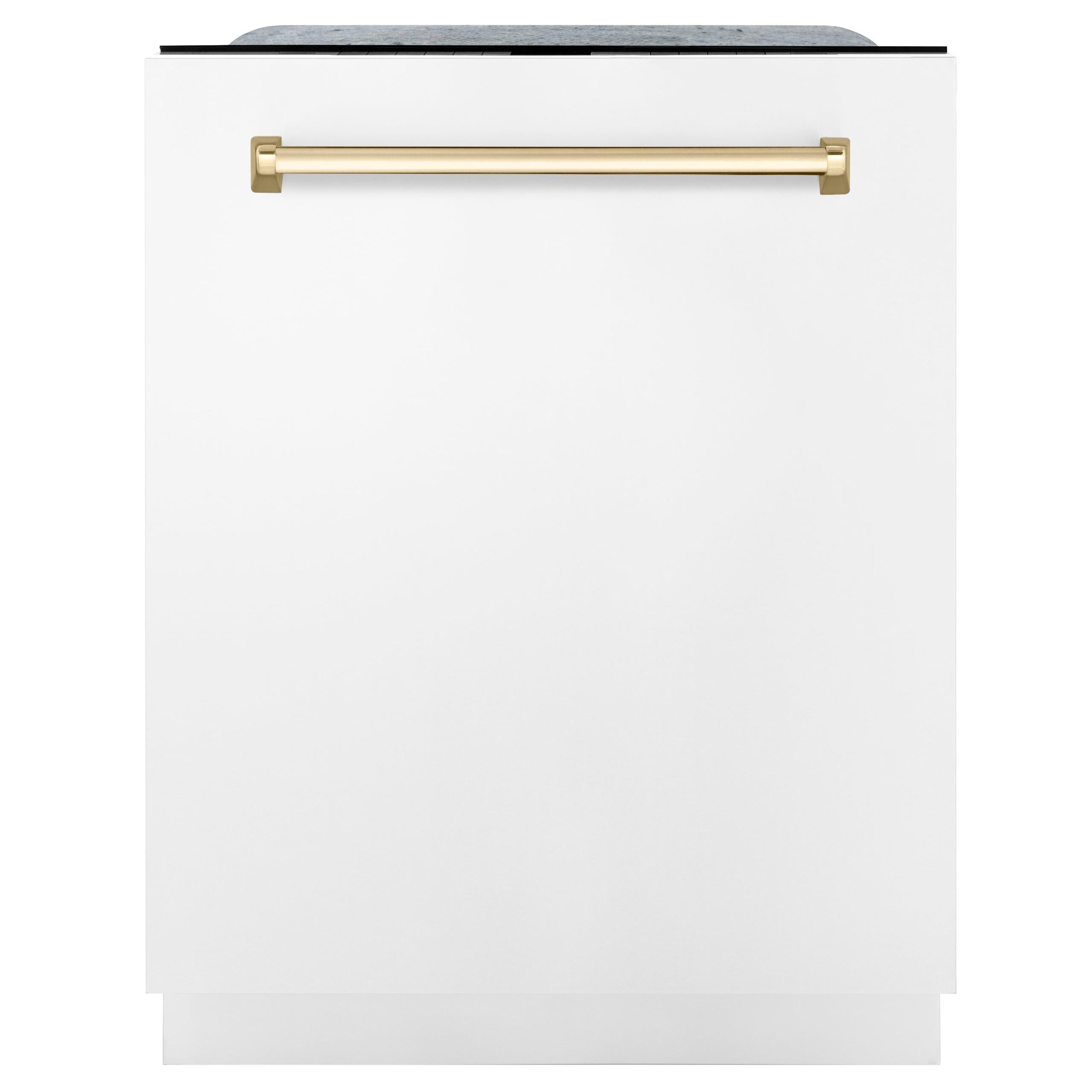 ZLINE Autograph Edition 24" 3rd Rack Top Touch Control Tall Tub Dishwasher in White Matte with Accent Handle, 51dBa (DWMTZ-WM-24) [Color: Gold]
