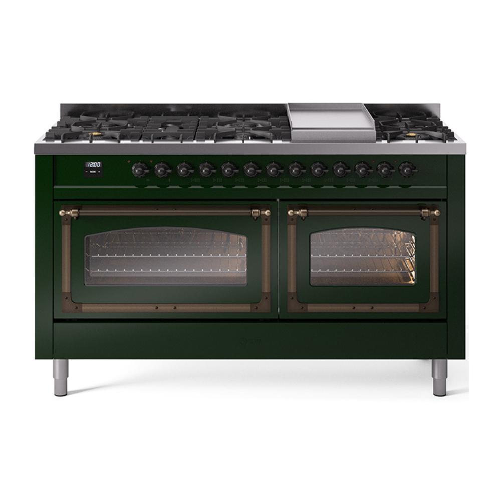 ILVE UN60FNMPEGB Nostalgie II Noblesse 60 inch Dual Fuel Range (9 Sealed Burners + Griddle, Natural Gas, Triple Glass Door, Emerald Green, Burnished)