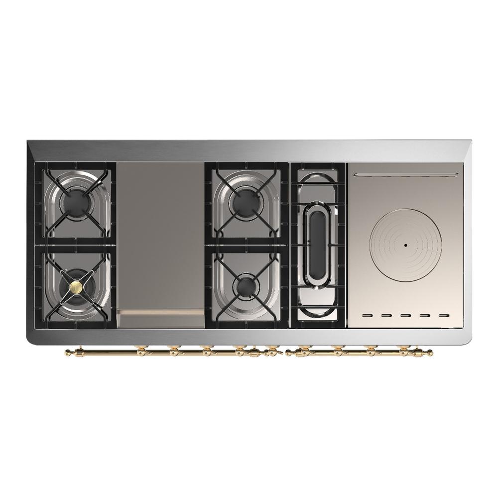 ILVE UM60FSQNR3BUGLP Majestic III 60 inch Dual Fuel Range with 7 Burners, Griddle and French Top, Dual Function Burner with up to 25,000 BTU (Liquid Propane, Solid Door, Burgundy, Brass)