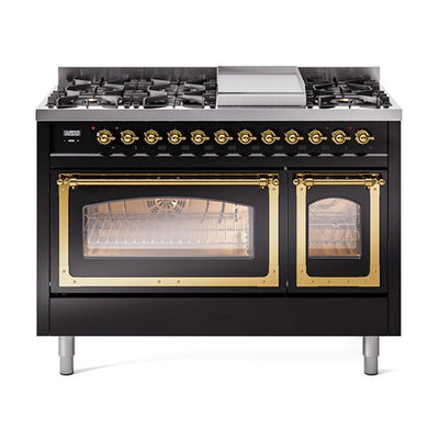 ILVE UN48FNMPBKGLP Nostalgie II Noblesse 48 inch Dual Fuel Range (8 Sealed Burners + Griddle, Liquid Propane, Triple Glass Door, Glossy Black, Brass)