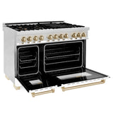 ZLINE 48 in. Autograph Edition Kitchen Package with Stainless Steel Dual Fuel Range with White Matte Door, Range Hood and Dishwasher with Polished Gold Accents (3AKP-RAWMRHDWM48-G)