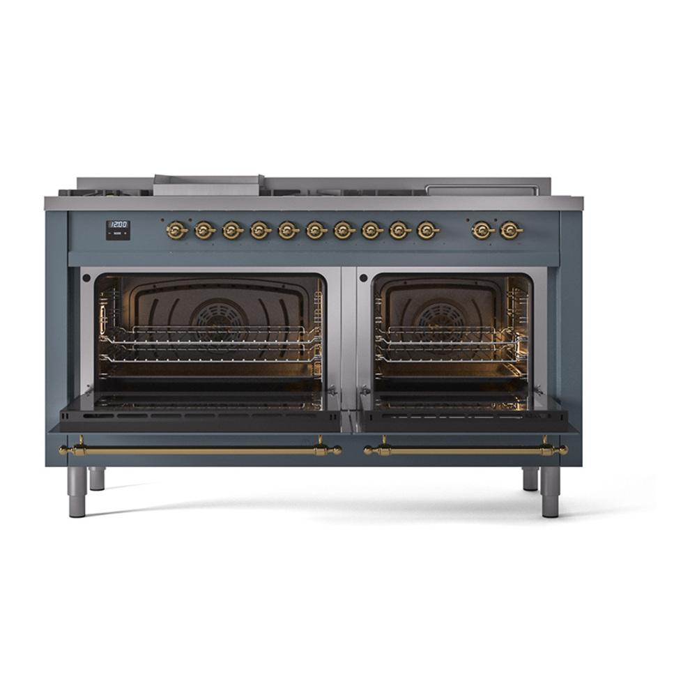 ILVE UN60FSQNMPBGG Nostalgie II Noblesse 60 inch Dual Fuel Range (7 Sealed Burners + Griddle + French Top, Natural Gas, Solid Door, Blue Grey, Brass)