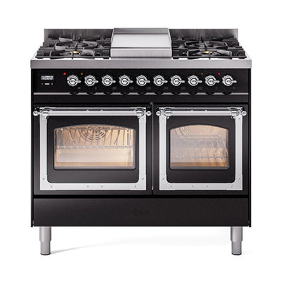 ILVE UND40FNMPBKCLP Nostalgie II Noblesse 40 inch Dual Fuel Range (Liquid Propane, Triple Glass Door, Glossy Black, Chrome)