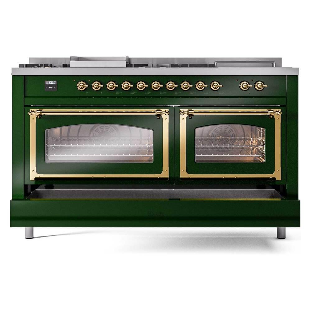 ILVE UN60FSNMPEGG Nostalgie II Noblesse 60 inch Dual Fuel Range (7 Sealed Burners + Griddle + French Top, Natural Gas, Triple Glass Door, Emerald Green, Brass)