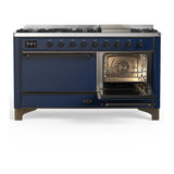 ILVE UM60FQNR3MBB Majestic III 60 inch Dual Fuel Range with 9 Burners and Griddle, Dual Function Burner up to 25,000 BTU (Natural Gas, Solid Door, Midnight Blue, Burnished)