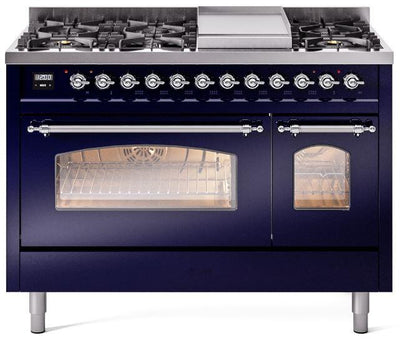 Nostalgie II 48 Inch Dual Fuel Natural Gas Freestanding Range in Blue with Chrome Trim