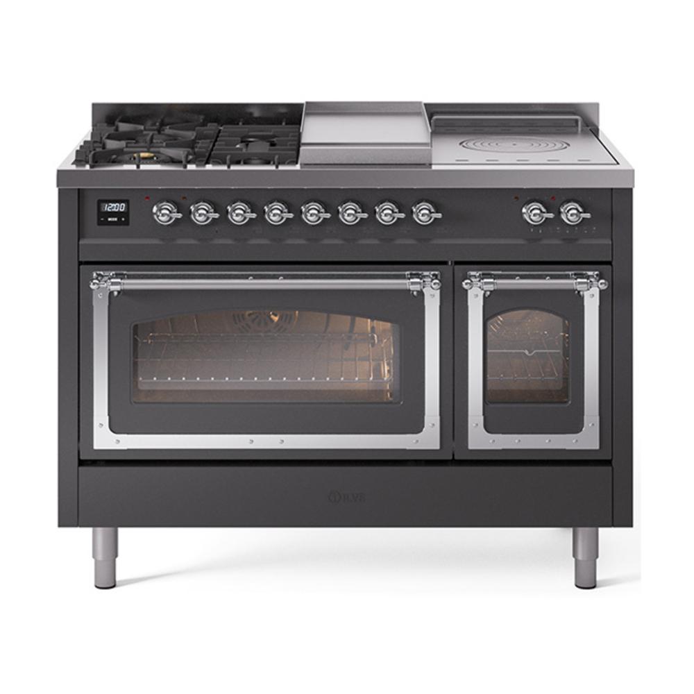 ILVE UN48FSNMPMGC Nostalgie II Noblesse 48 inch Dual Fuel Range (5 Sealed Burners + Griddle + French Top, Natural Gas, Triple Glass Door, Graphite Matte, Chrome)