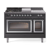 ILVE UN48FSNMPMGC Nostalgie II Noblesse 48 inch Dual Fuel Range (5 Sealed Burners + Griddle + French Top, Natural Gas, Triple Glass Door, Graphite Matte, Chrome)