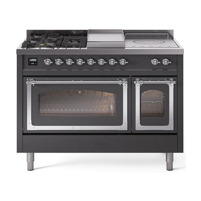 ILVE UN48FSNMPMGC Nostalgie II Noblesse 48 inch Dual Fuel Range (5 Sealed Burners + Griddle + French Top, Natural Gas, Triple Glass Door, Graphite Matte, Chrome)