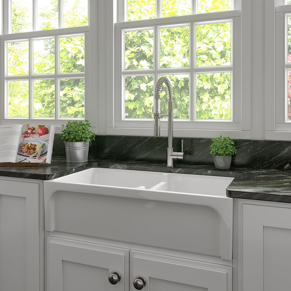 ZLINE 36" Palermo Farmhouse Apron Front Double Bowl Reversible Fireclay Kitchen Sink with Bottom Grid (FRC5121)