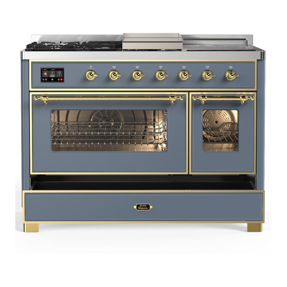 ILVE UM48FSNR3BGG Majestic III 48 inch Dual Fuel Range with 5 Black Brass Burners, Griddle and French Top, Dual Function Burner up to 25,000 BTU (Natural Gas, Triple Glass Door, Blue Grey, Brass)