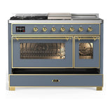 ILVE UM48FSNR3BGG Majestic III 48 inch Dual Fuel Range with 5 Black Brass Burners, Griddle and French Top, Dual Function Burner up to 25,000 BTU (Natural Gas, Triple Glass Door, Blue Grey, Brass)