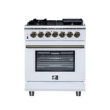 Forno Massimo 30 Inch Freestanding Dual Fuel Range in White with Antique Brass Accessories, 4 Burners, 4.32 cu. ft. Convection Oven