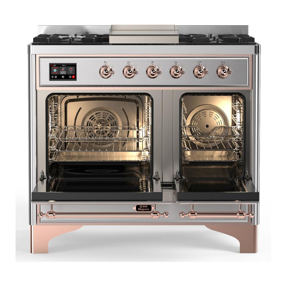 ILVE UMD40FNR3SSPLP Majestic III 40 inch Dual Fuel Range with 6 Burners and Griddle, Dual Function Burner up to 25,000 BTU (Liquid Propane, Triple Glass Door, Stainless Steel, Copper)
