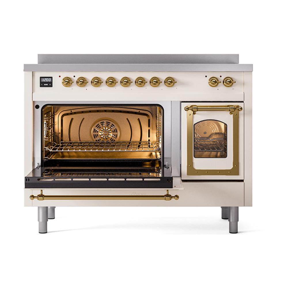 ILVE UNI486NMPAWG Nostalgie II Noblesse 48 inch Induction Range (Triple Glass Door, Antique White, Brass)