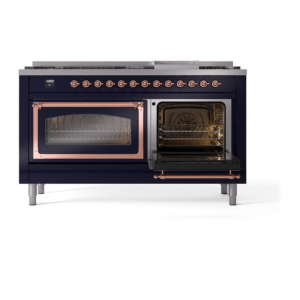 ILVE UN60FNMPMBP Nostalgie II Noblesse 60 inch Dual Fuel Range (9 Sealed Burners + Griddle, Natural Gas, Triple Glass Door, Midnight Blue, Copper)