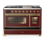 ILVE UM48FNR3BUGLP Majestic III 48 inch Dual Fuel Range with 8 Burners and Griddle, Dual Function Burner up to 25,000 BTU (Liquid Propane, Triple Glass Door, Burgundy, Brass)