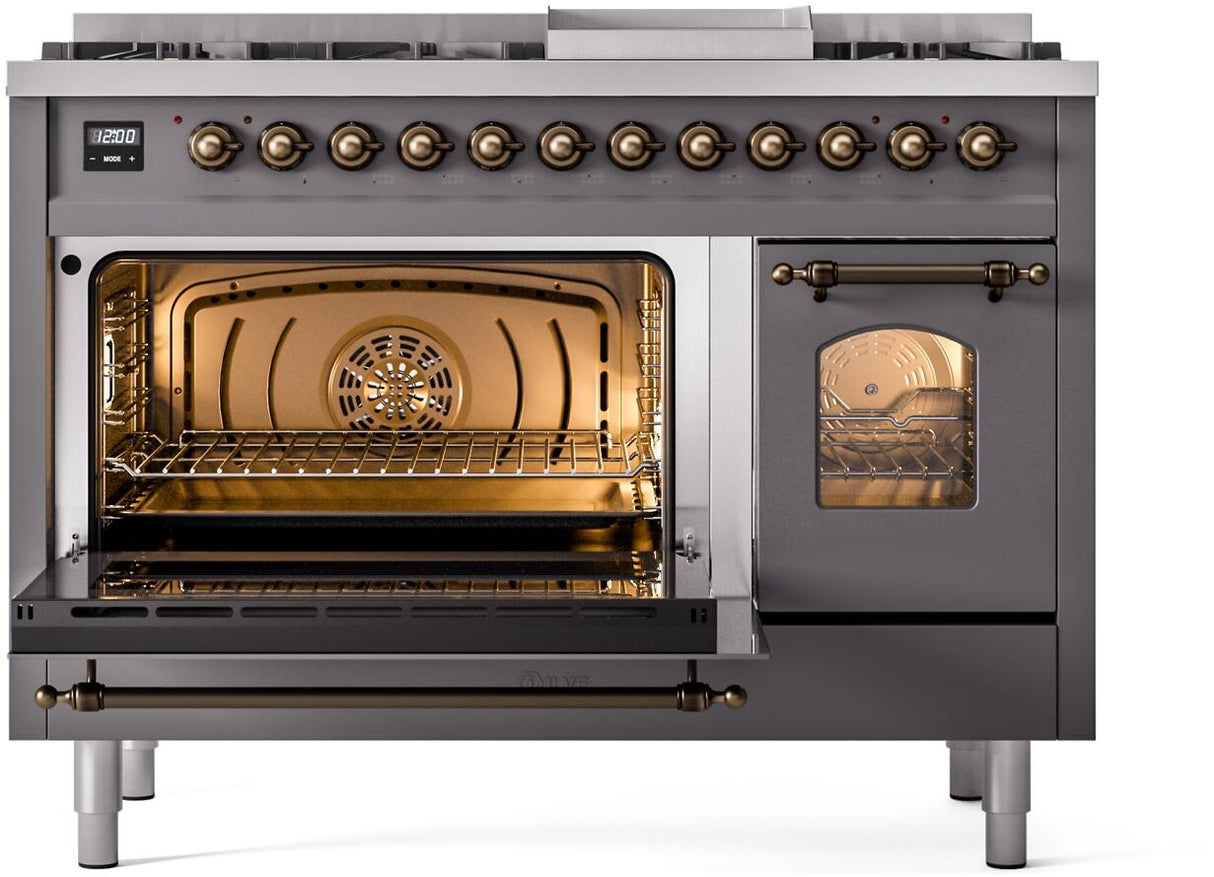 Nostalgie II 48 Inch Dual Fuel Natural Gas Freestanding Range in Matte Graphite with Bronze Trim