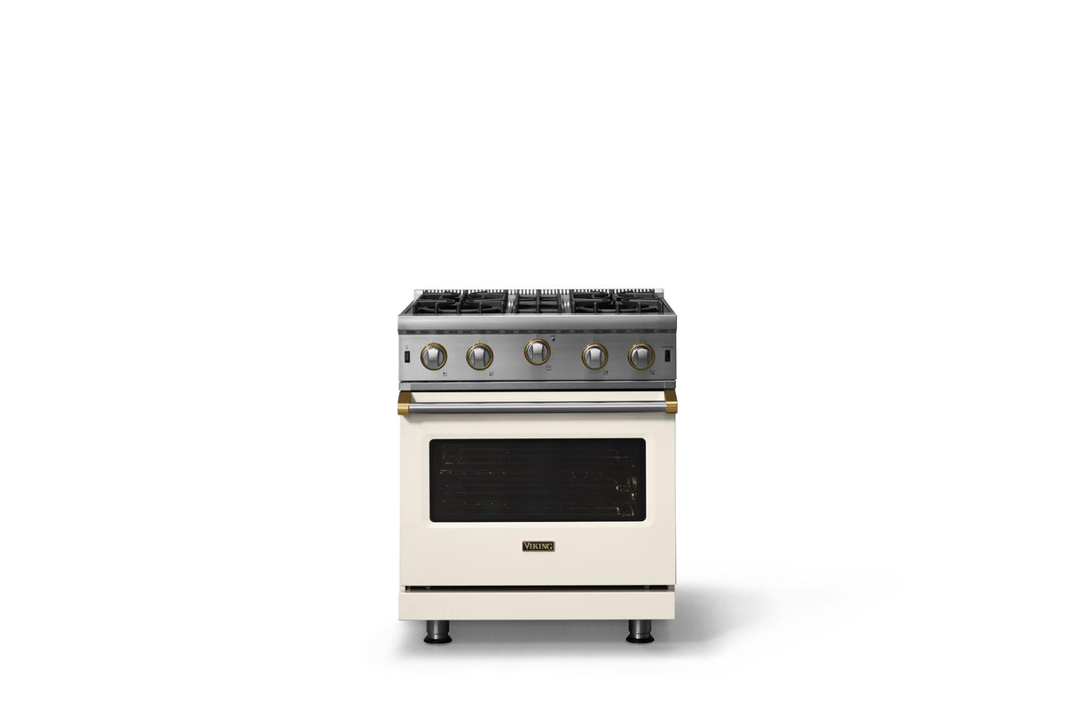 30"W. Open Burner Gas Range (Finish: Pure White, Trim: Brushed Brass, Fuel: Propane)