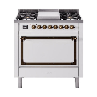 ILVE UN36FQNMPWHB Nostalgie II Noblesse 36 inch Dual Fuel Range (Natural Gas, Solid Door, White, Burnished)