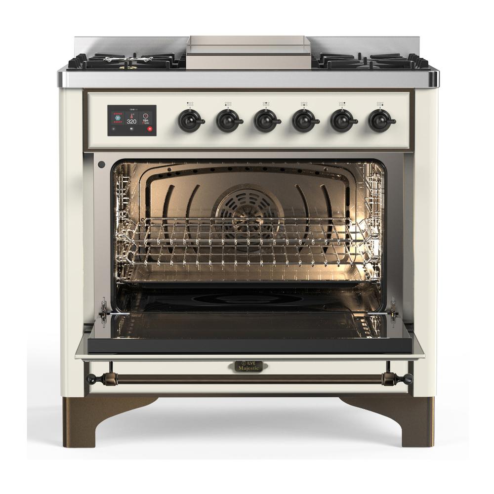 ILVE UM36FNR3AWB Majestic III 36 inch Dual Fuel Range with 6 Black Brass Burners and Griddle, Dual Function Burner up to 25,000 BTU (Triple Glass Door, Antique White, Burnished, Natural Gas)