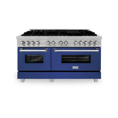 ZLINE 60 in. 7.4 cu. ft. Dual Fuel Range with Gas Stove and Electric Oven in DuraSnow Stainless Steel and Colored Door Options (RAS-60) [Color: DuraSnow Stainless Steel with Blue Matte Door]