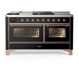 ILVE UM60FSNR3BKPLP Majestic III 60 inch Dual Fuel Range with 7 Burners, Griddle and French Top, Dual Function Burner with up to 25,000 BTU (Liquid Propane, Triple Glass Door, Glossy Black, Copper)