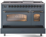 Nostalgie II 48 Inch Dual Fuel Liquid Propane Freestanding Range in Blue Grey with Bronze Trim