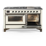 ILVE UM60FNR3AWB Majestic III 60 inch Dual Fuel Range with 9 Burners and Griddle, Dual Function Burner up to 25,000 BTU (Natural Gas, Triple Glass Door, Antique White, Burnished)