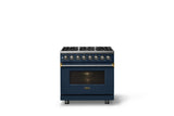 36"W. Dual Fuel Range (Burner: 6b, Finish: Slate Blue, Trim: Brushed Brass, Fuel: Natural Gas)