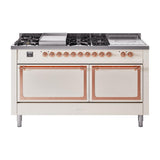 ILVE UN60FSQNMPAWPLP Nostalgie II Noblesse 60 inch Dual Fuel Range (7 Sealed Burners + Griddle + French Top, Liquid Propane, Solid Door, Antique White, Copper)