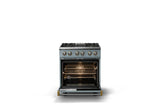 30"W. Dual Fuel Range (Finish: November Sky, Trim: Brushed Brass, Fuel: Natural Gas)