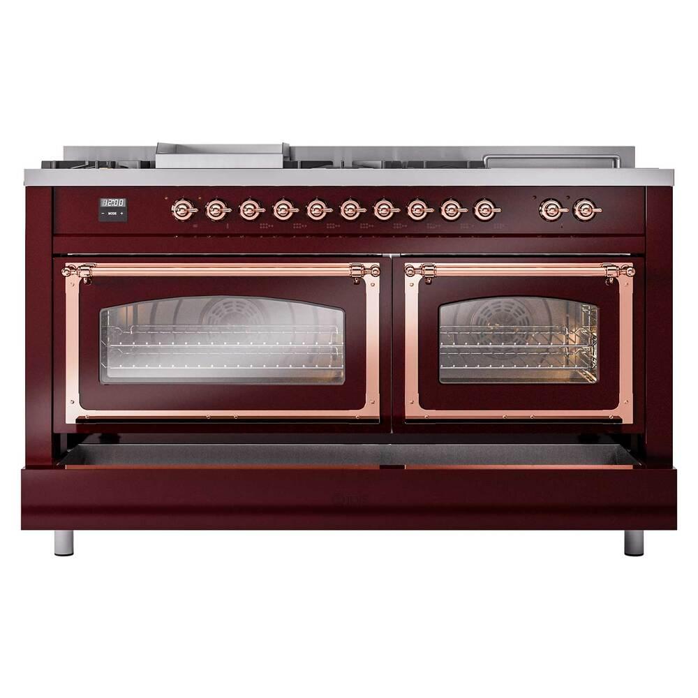 ILVE UN60FSNMPBUPLP Nostalgie II Noblesse 60 inch Dual Fuel Range (7 Sealed Burners + Griddle + French Top, Liquid Propane, Triple Glass Door, Burgundy, Copper)