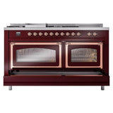 ILVE UN60FSNMPBUPLP Nostalgie II Noblesse 60 inch Dual Fuel Range (7 Sealed Burners + Griddle + French Top, Liquid Propane, Triple Glass Door, Burgundy, Copper)