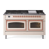 ILVE UN60FNMPAWP Nostalgie II Noblesse 60 inch Dual Fuel Range (9 Sealed Burners + Griddle, Natural Gas, Triple Glass Door, Antique White, Copper)