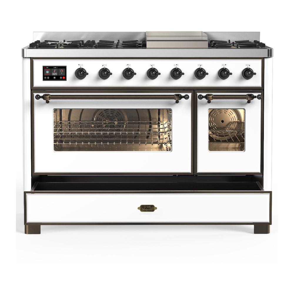 ILVE UM48FNR3WHB Majestic III 48 inch Dual Fuel Range with 8 Burners and Griddle, Dual Function Burner up to 25,000 BTU (Natural Gas, Triple Glass Door, White, Burnished)