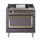 ILVE UN36FQNMPMGG Nostalgie II Noblesse 36 inch Dual Fuel Range (Natural Gas, Solid Door, Graphite Matte, Brass)