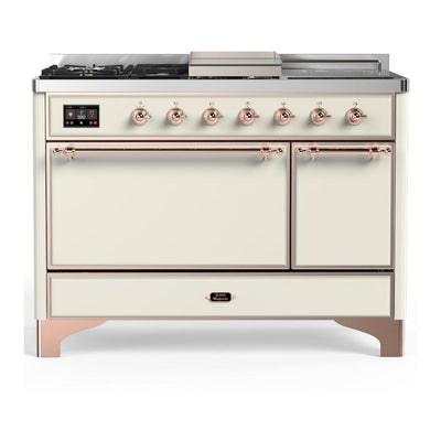 ILVE UM48FSQNR3AWP Majestic III 48 inch Dual Fuel Range with 5 Black Brass Burners, Griddle and French Top, Dual Function Burner up to 25,000 BTU (Natural Gas, Solid Door, Antique White, Copper)