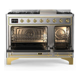 ILVE UM48FNR3SSG Majestic III 48 inch Dual Fuel Range with 8 Burners and Griddle, Dual Function Burner up to 25,000 BTU (Natural Gas, Triple Glass Door, Stainless Steel, Brass)