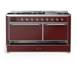 ILVE UM60FQNR3BUCLP Majestic III 60 inch Dual Fuel Range with 9 Burners and Griddle, Dual Function Burner up to 25,000 BTU (Liquid Propane, Solid Door, Burgundy, Chrome)